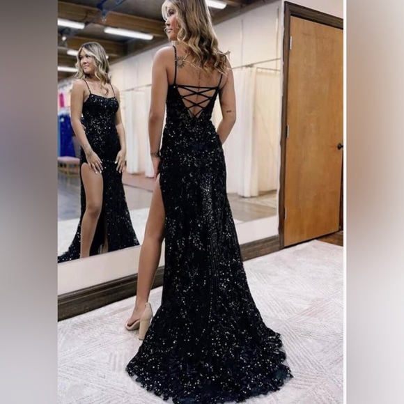 New Sparkly Sequin Mermaid Dress Spaghetti Straps Formal Evening Dress Slit - Picture 2 of 7